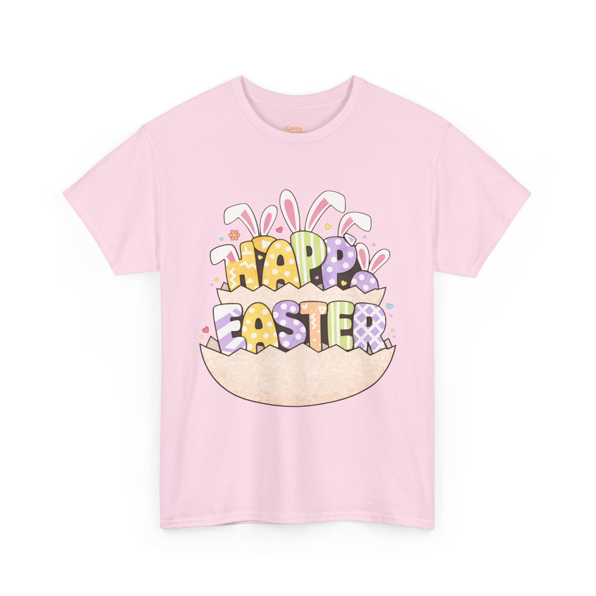 Easter Graphic Tee — "Happy Easter" Bunny Eggs & Heart Doll Print