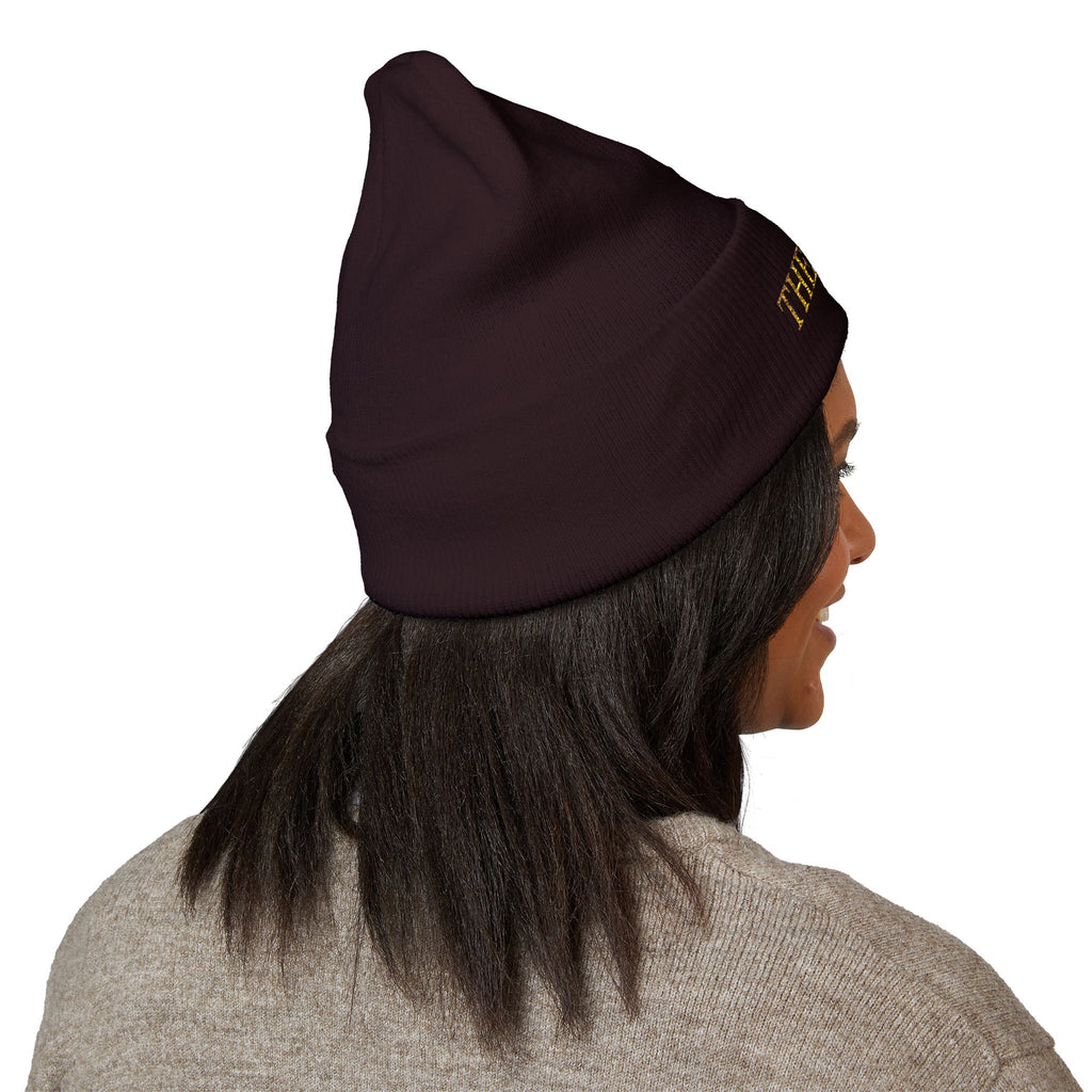 The Muse Embroidered Cuffed Beanie — Gold Script Knit Hat