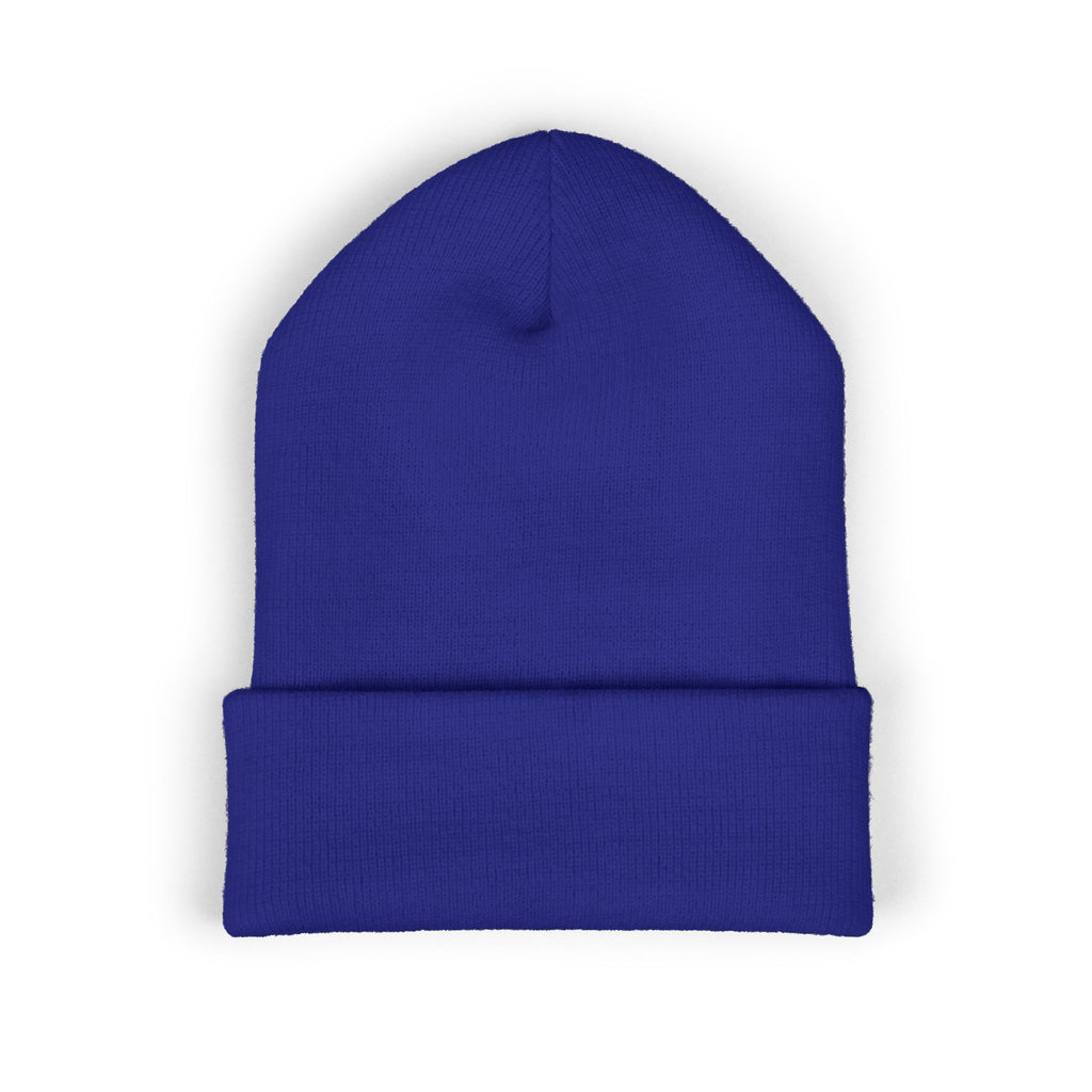 The Muse Embroidered Cuffed Beanie — Gold Script Knit Hat