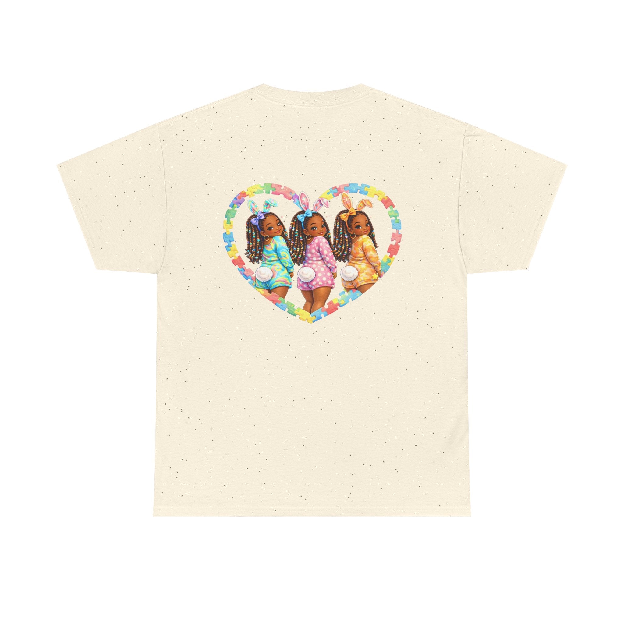 Easter Graphic Tee — "Happy Easter" Bunny Eggs & Heart Doll Print