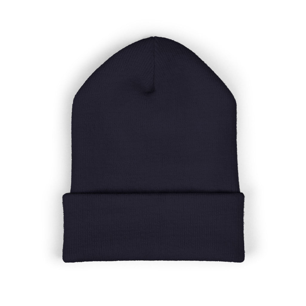 The Muse Embroidered Cuffed Beanie — Gold Script Knit Hat