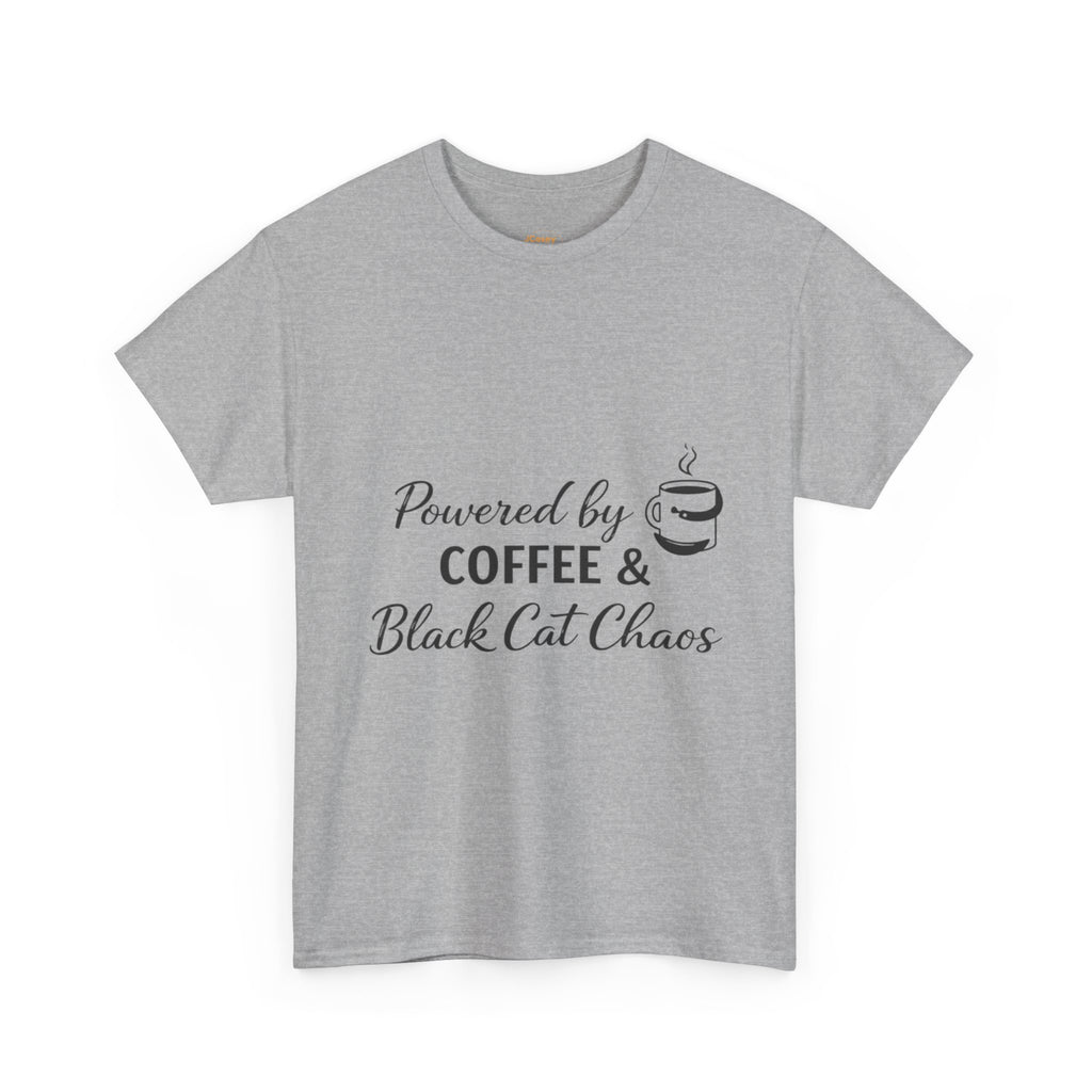Coffee & Black Cat Tee — "Powered by Coffee & Black Cat Chaos" Graphic Shirt