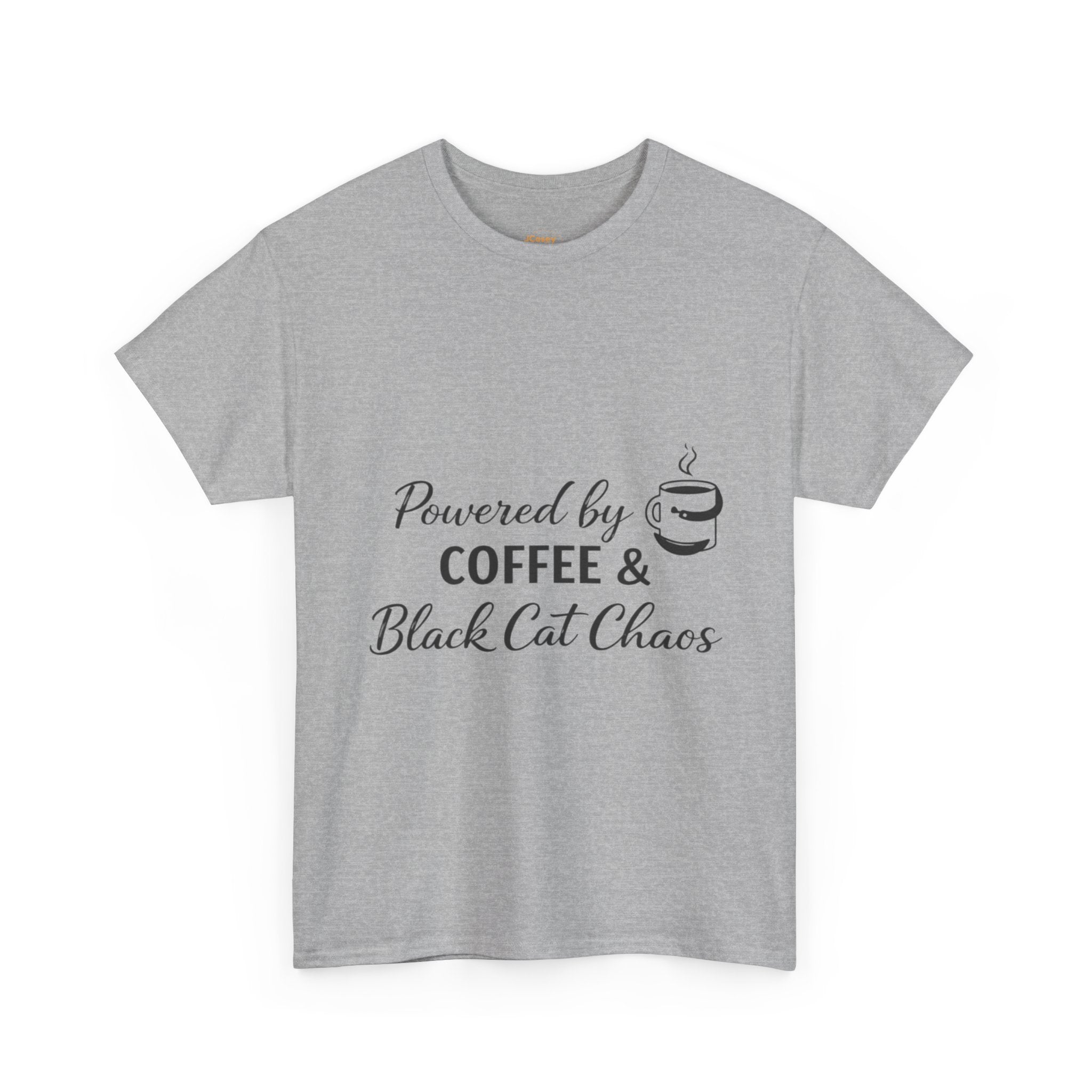 Coffee & Black Cat Tee — "Powered by Coffee & Black Cat Chaos" Graphic Shirt