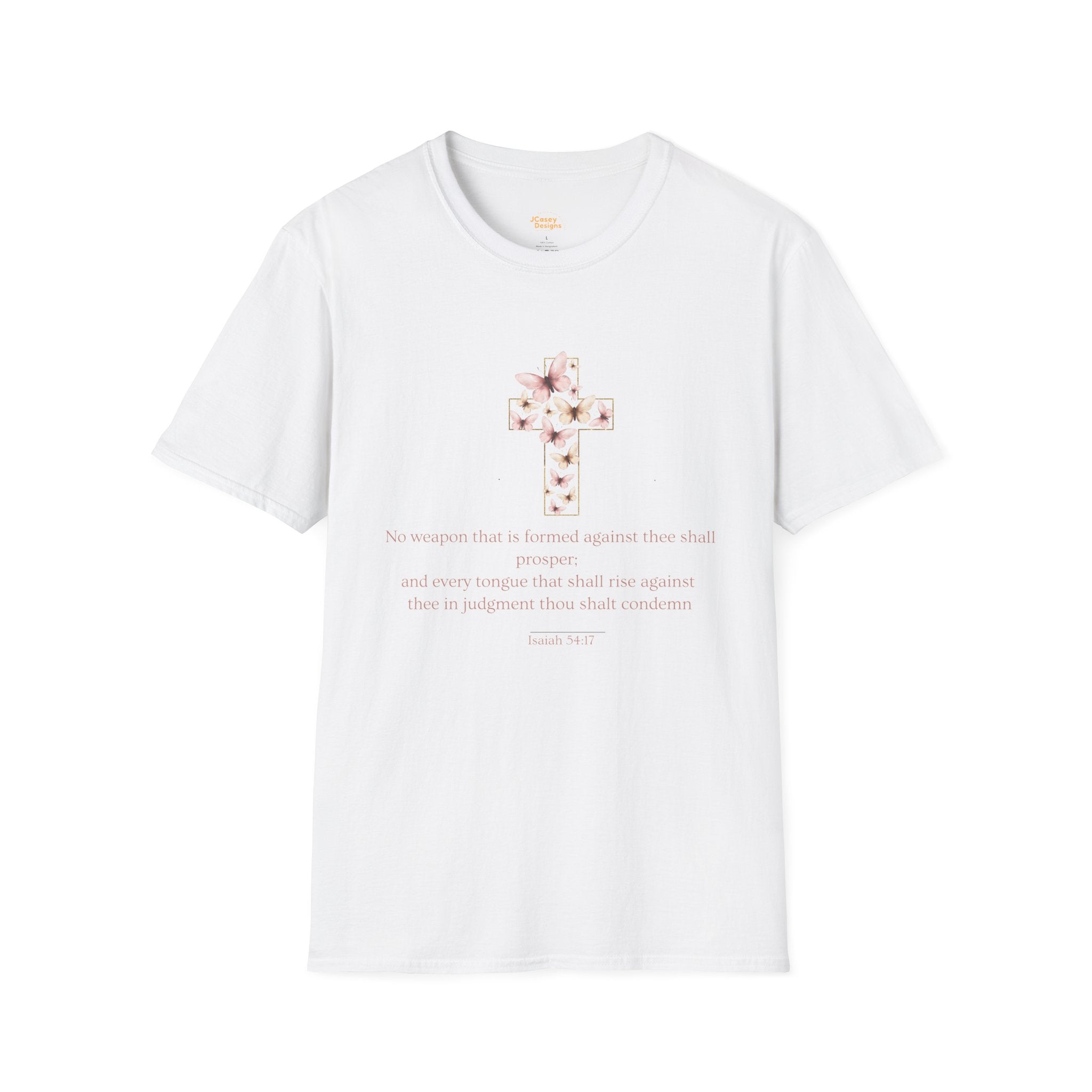 Floral Cross Scripture T-Shirt — Isaiah 54:17 Christian Faith Tee