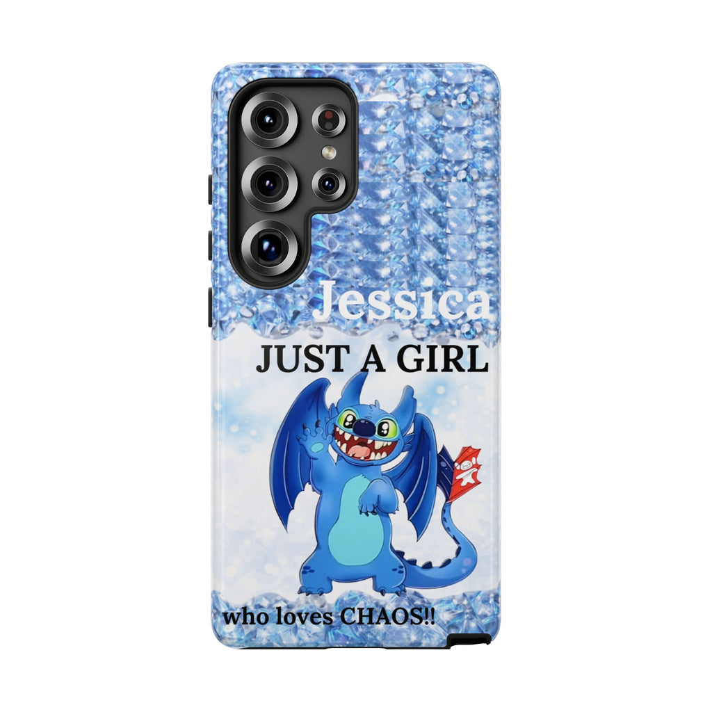 Personalized 'Jessica Just a Girl Who Loves Chaos' Blue Dragon Phone Case