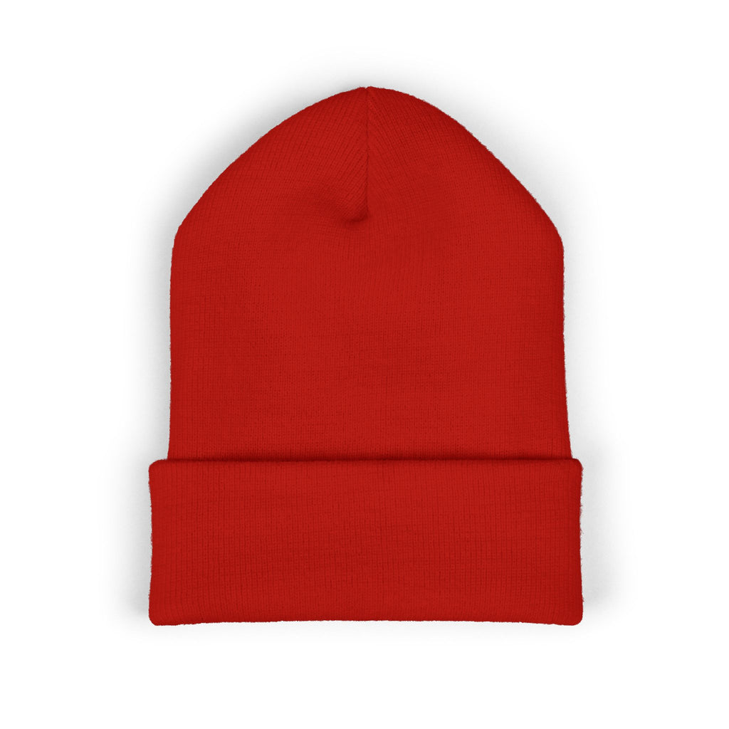 The Muse Embroidered Cuffed Beanie — Gold Script Knit Hat