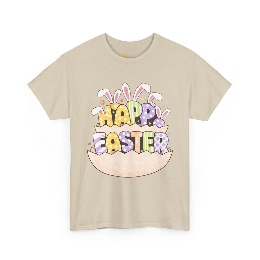 T-Shirt — 'Happy Easter' Pastel Bunny Eggs Tee (Easter Holiday, Cute Spring Kids & Women’s Graphic)