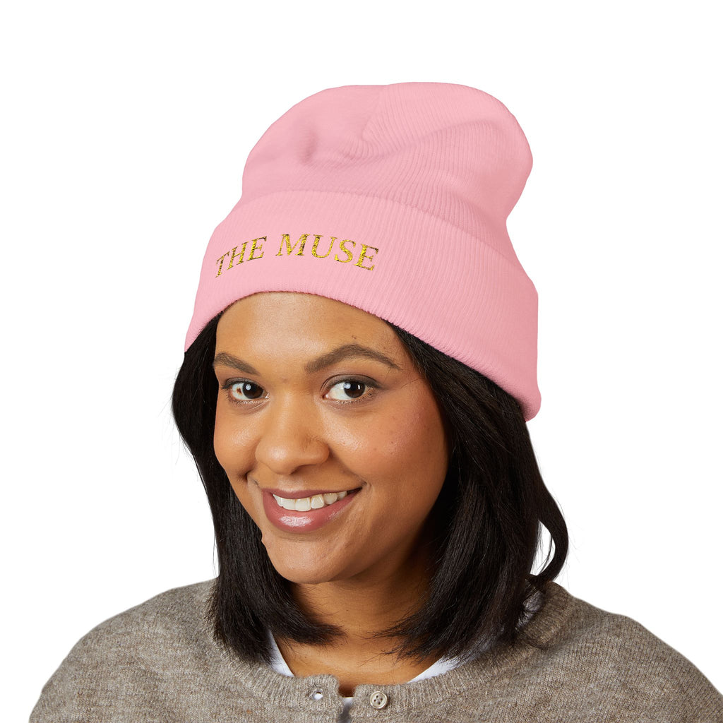 The Muse Embroidered Cuffed Beanie — Gold Script Knit Hat