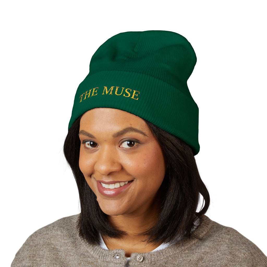 The Muse Embroidered Cuffed Beanie — Gold Script Knit Hat