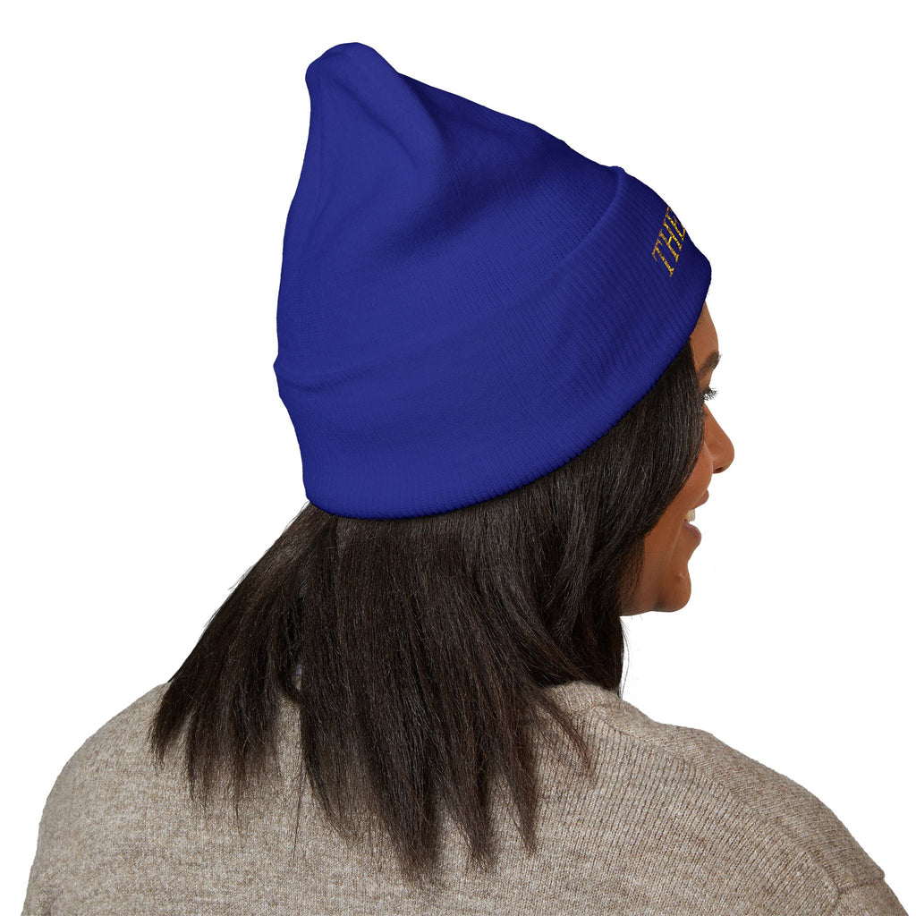 The Muse Embroidered Cuffed Beanie — Gold Script Knit Hat