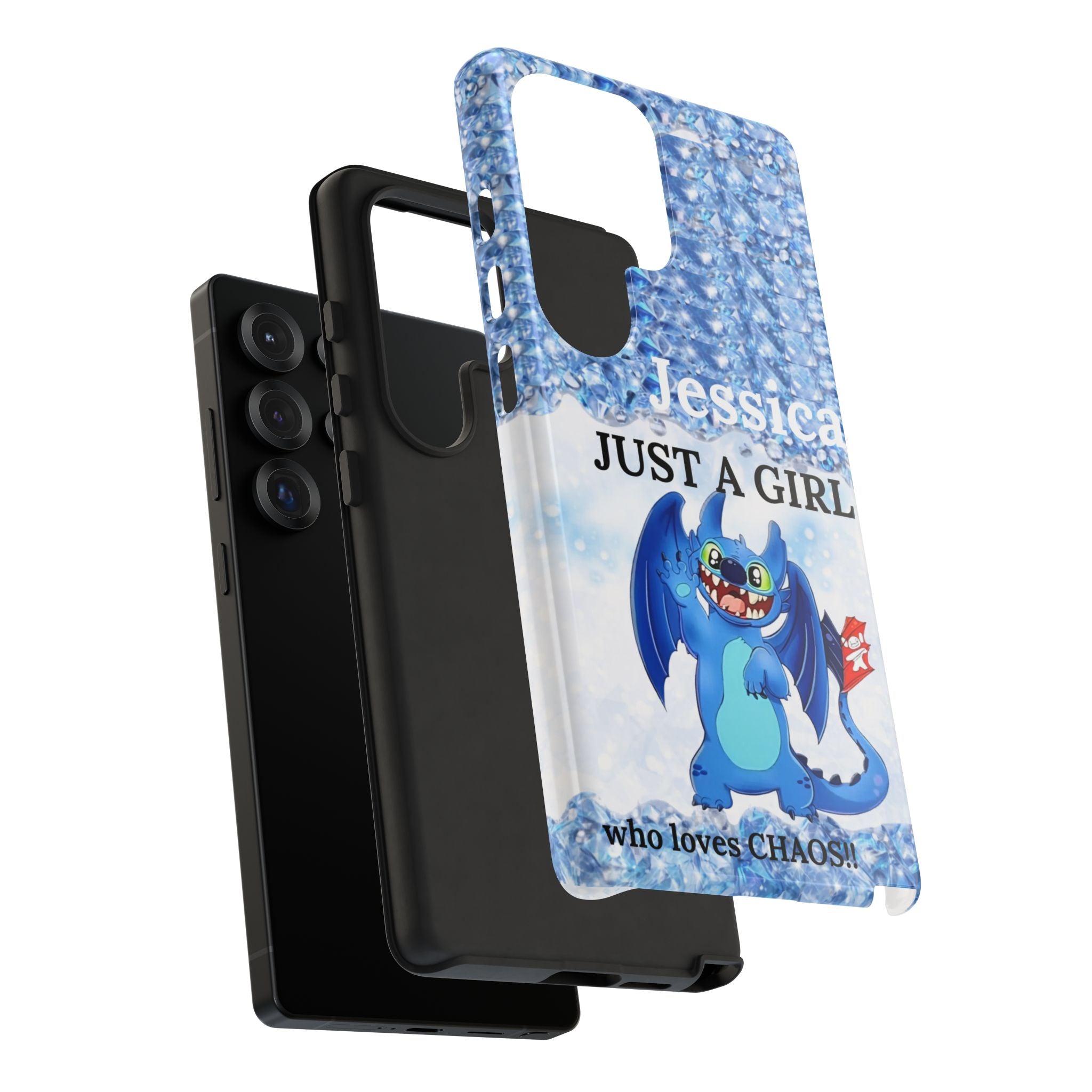 Personalized 'Jessica Just a Girl Who Loves Chaos' Blue Dragon Phone Case