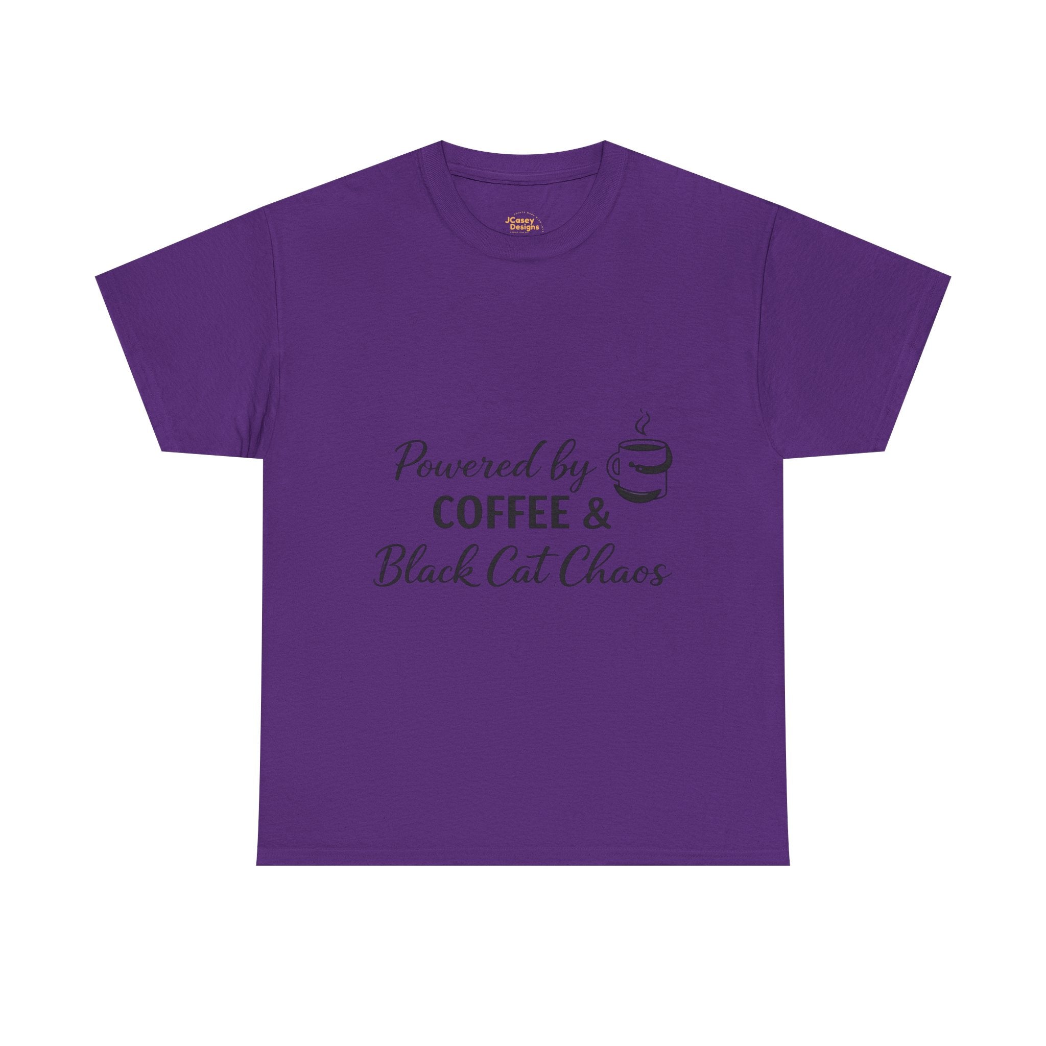 Coffee & Black Cat Tee — "Powered by Coffee & Black Cat Chaos" Graphic Shirt