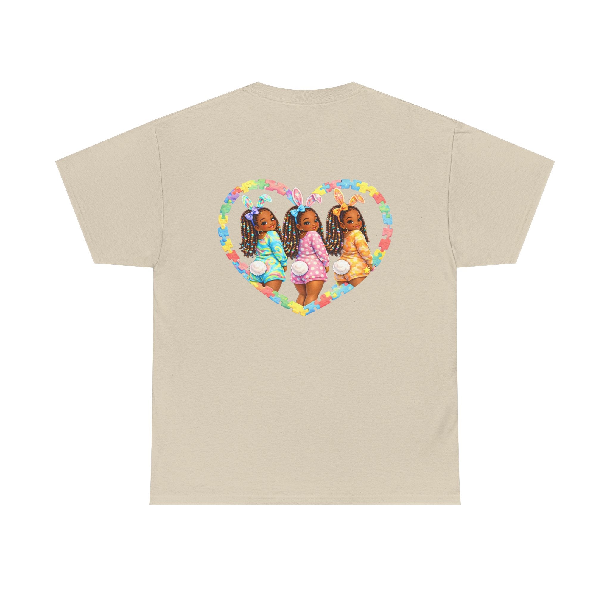 Easter Graphic Tee — "Happy Easter" Bunny Eggs & Heart Doll Print