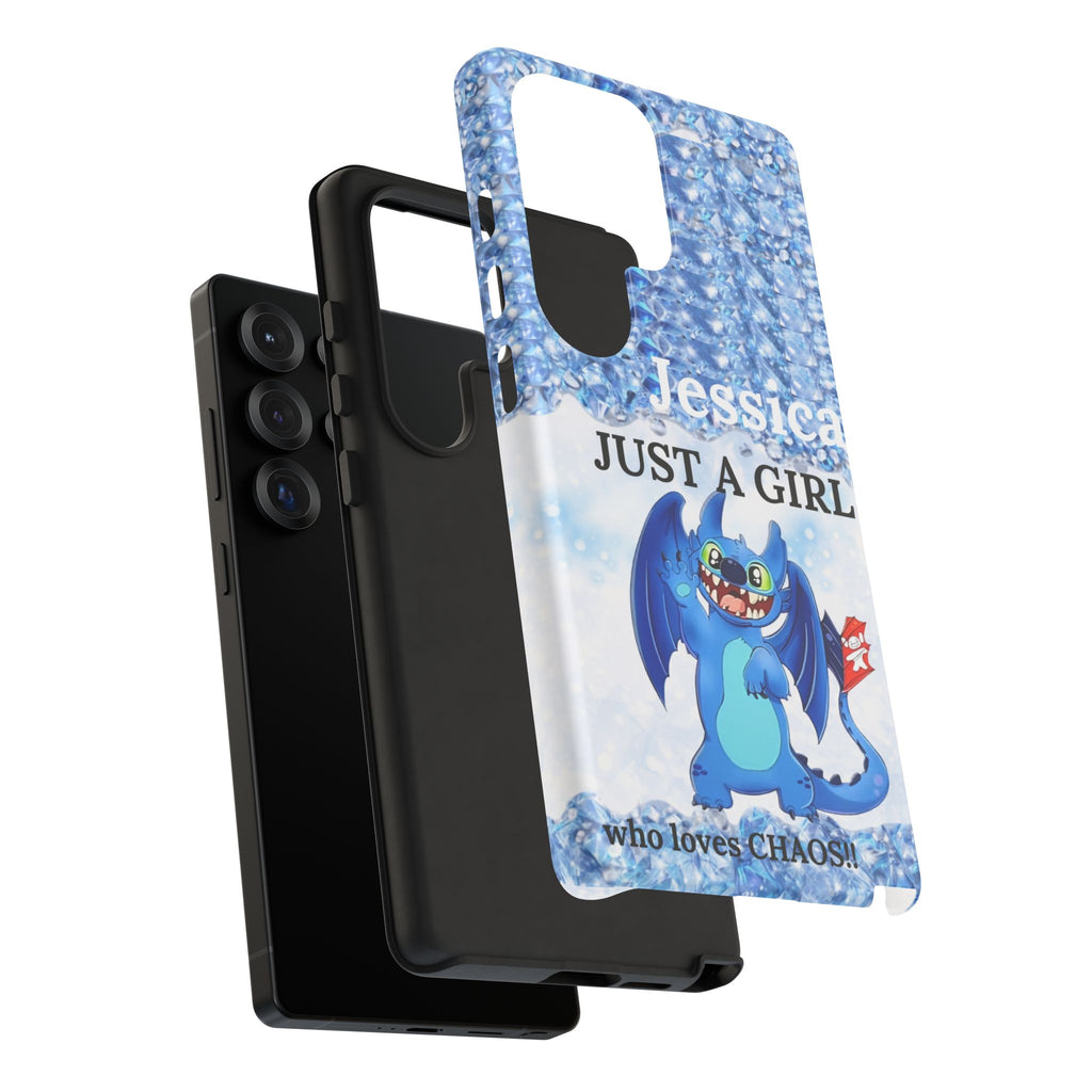 Personalized 'Jessica Just a Girl Who Loves Chaos' Blue Dragon Phone Case