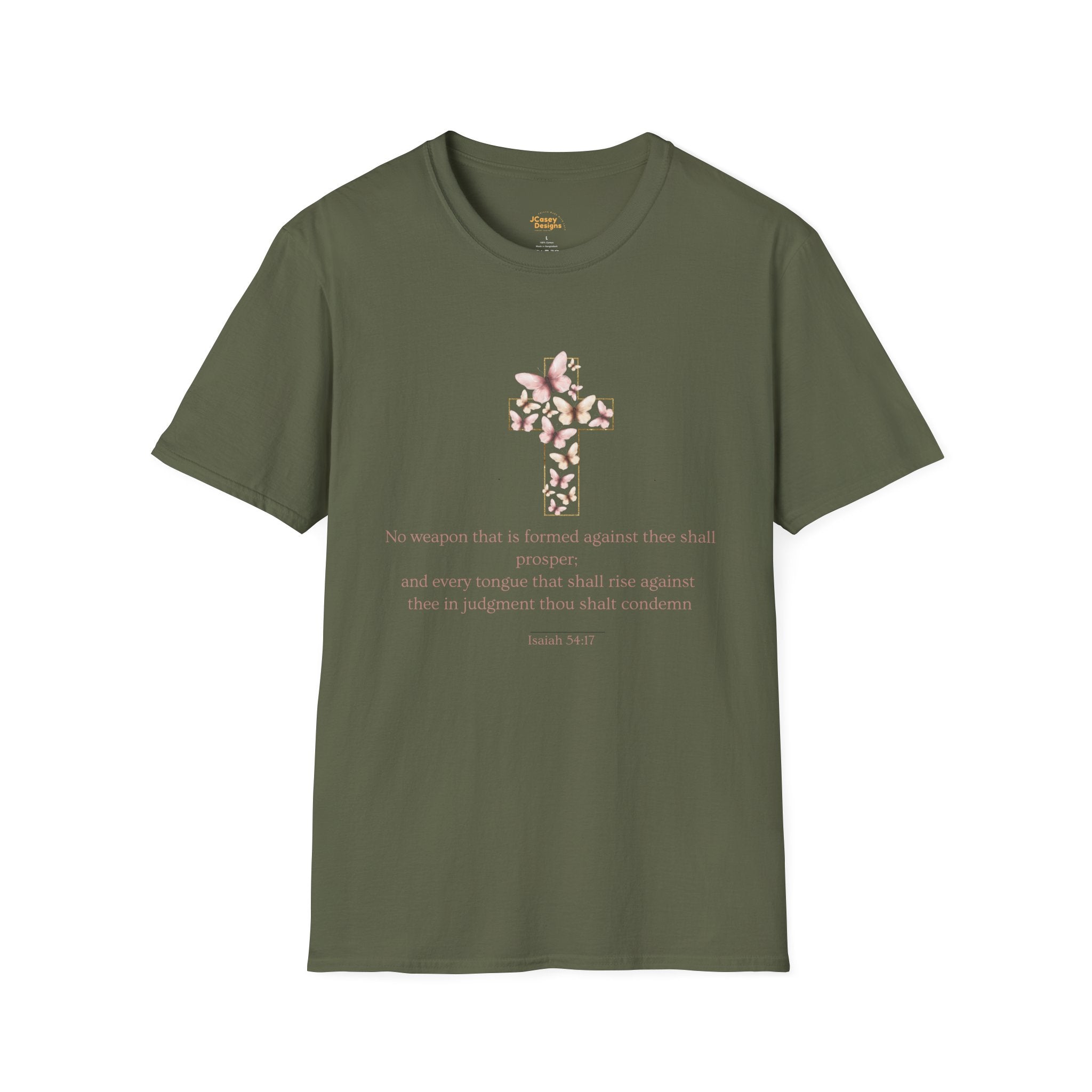 Floral Cross Scripture T-Shirt — Isaiah 54:17 Christian Faith Tee