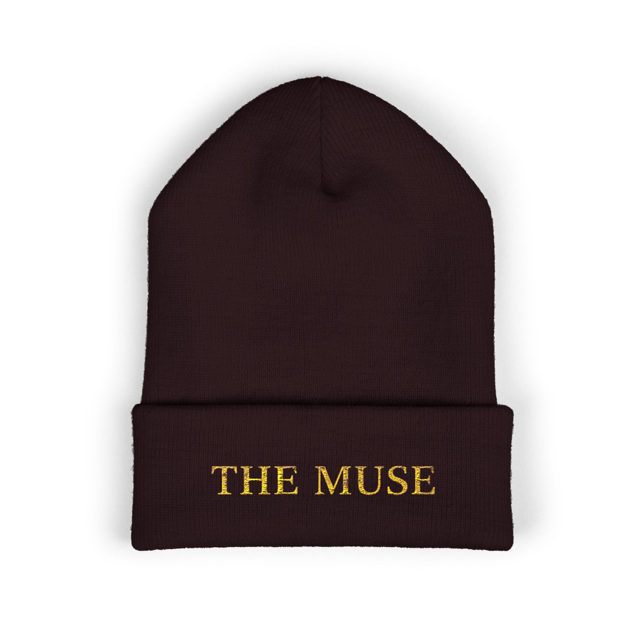 The Muse Embroidered Cuffed Beanie — Gold Script Knit Hat