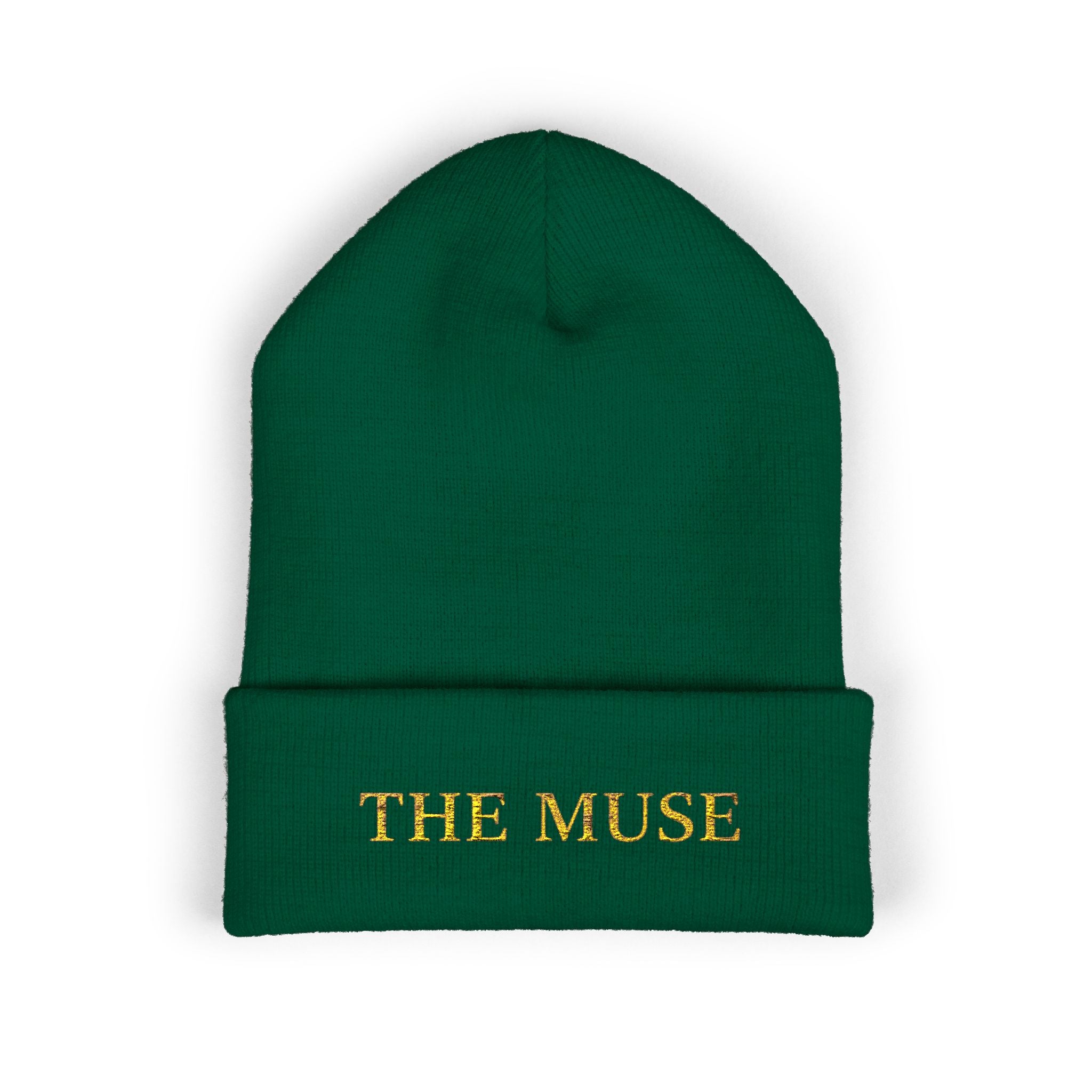 The Muse Embroidered Cuffed Beanie — Gold Script Knit Hat