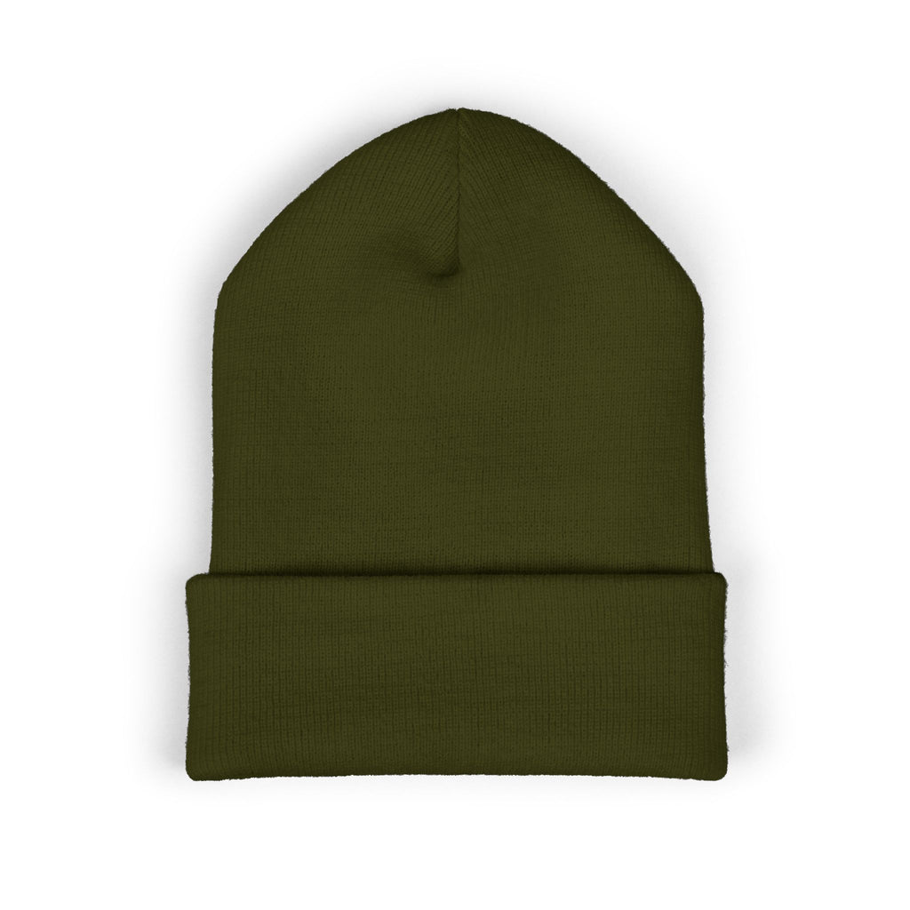 The Muse Embroidered Cuffed Beanie — Gold Script Knit Hat