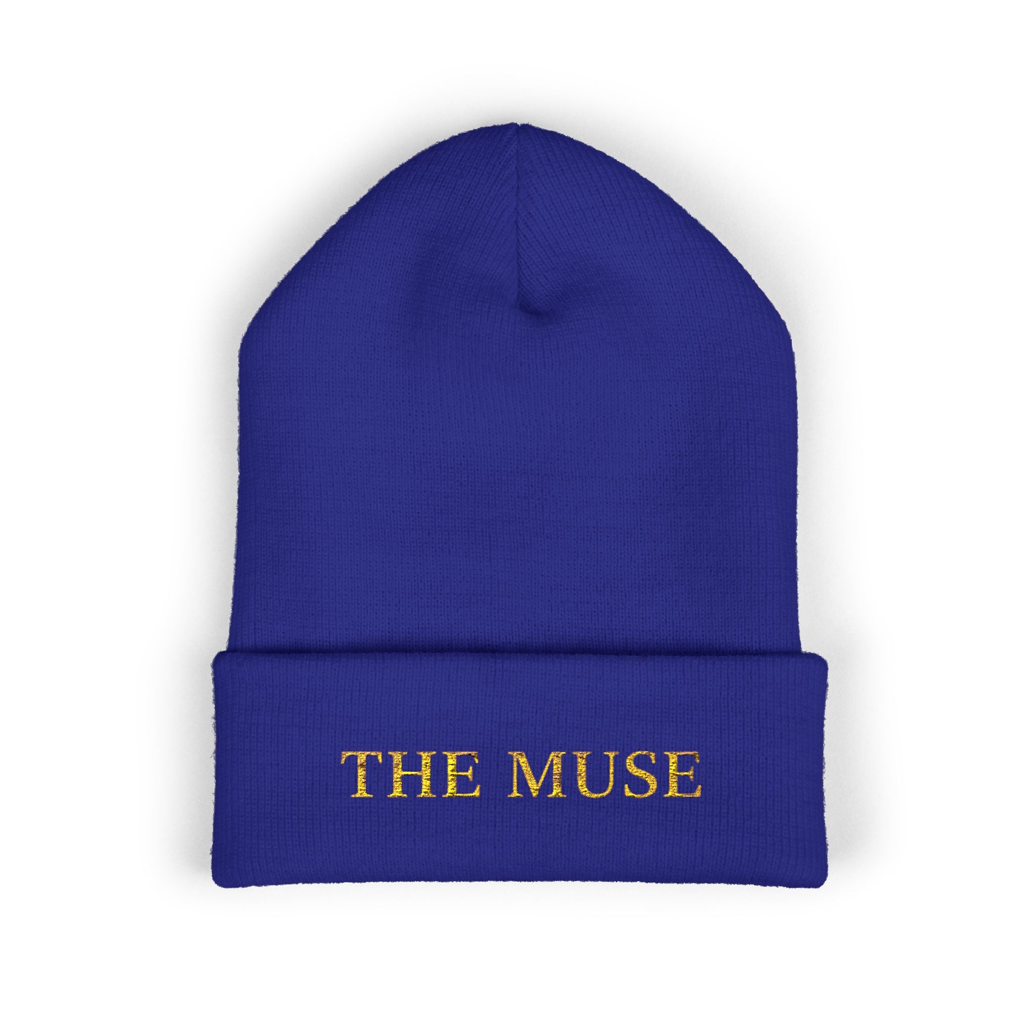 The Muse Embroidered Cuffed Beanie — Gold Script Knit Hat