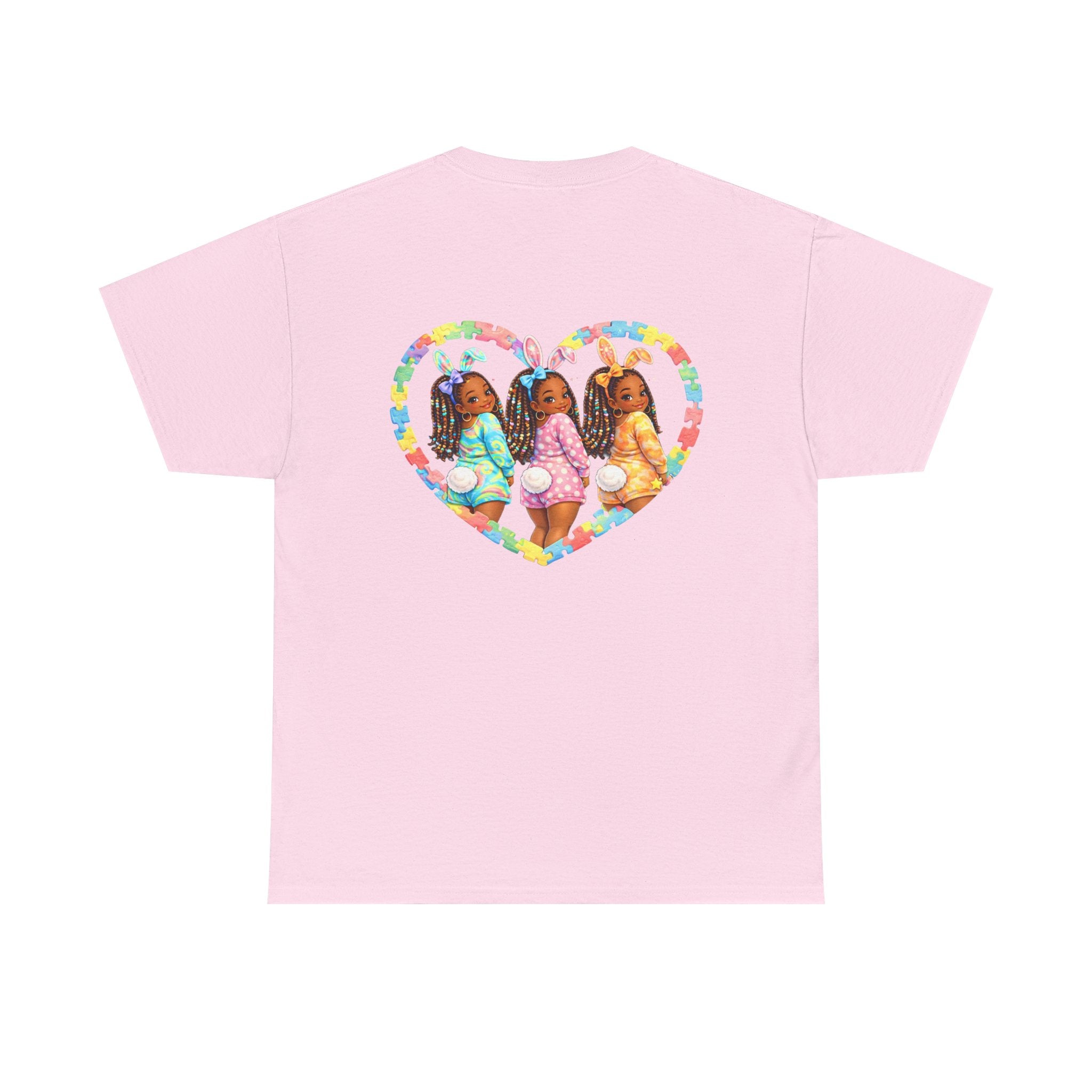 Easter Graphic Tee — "Happy Easter" Bunny Eggs & Heart Doll Print