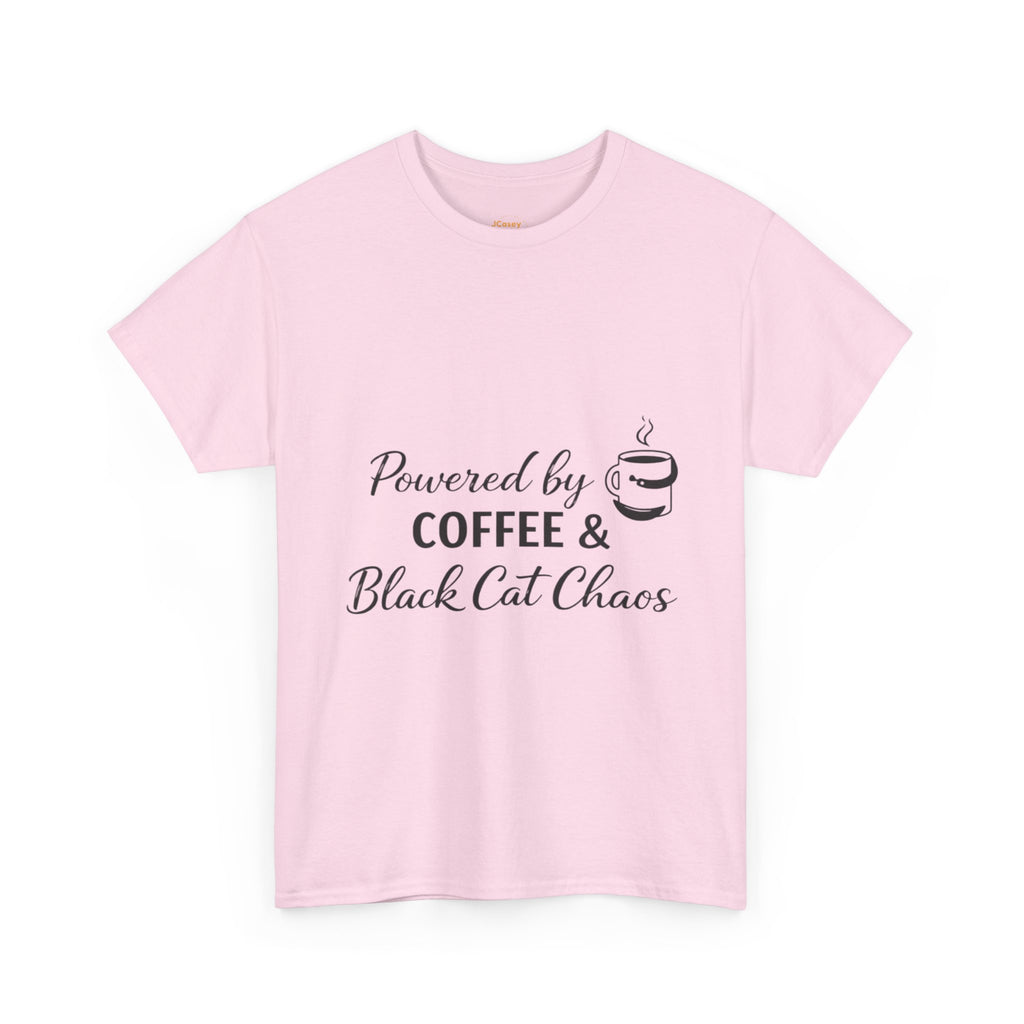 Coffee & Black Cat Tee — "Powered by Coffee & Black Cat Chaos" Graphic Shirt