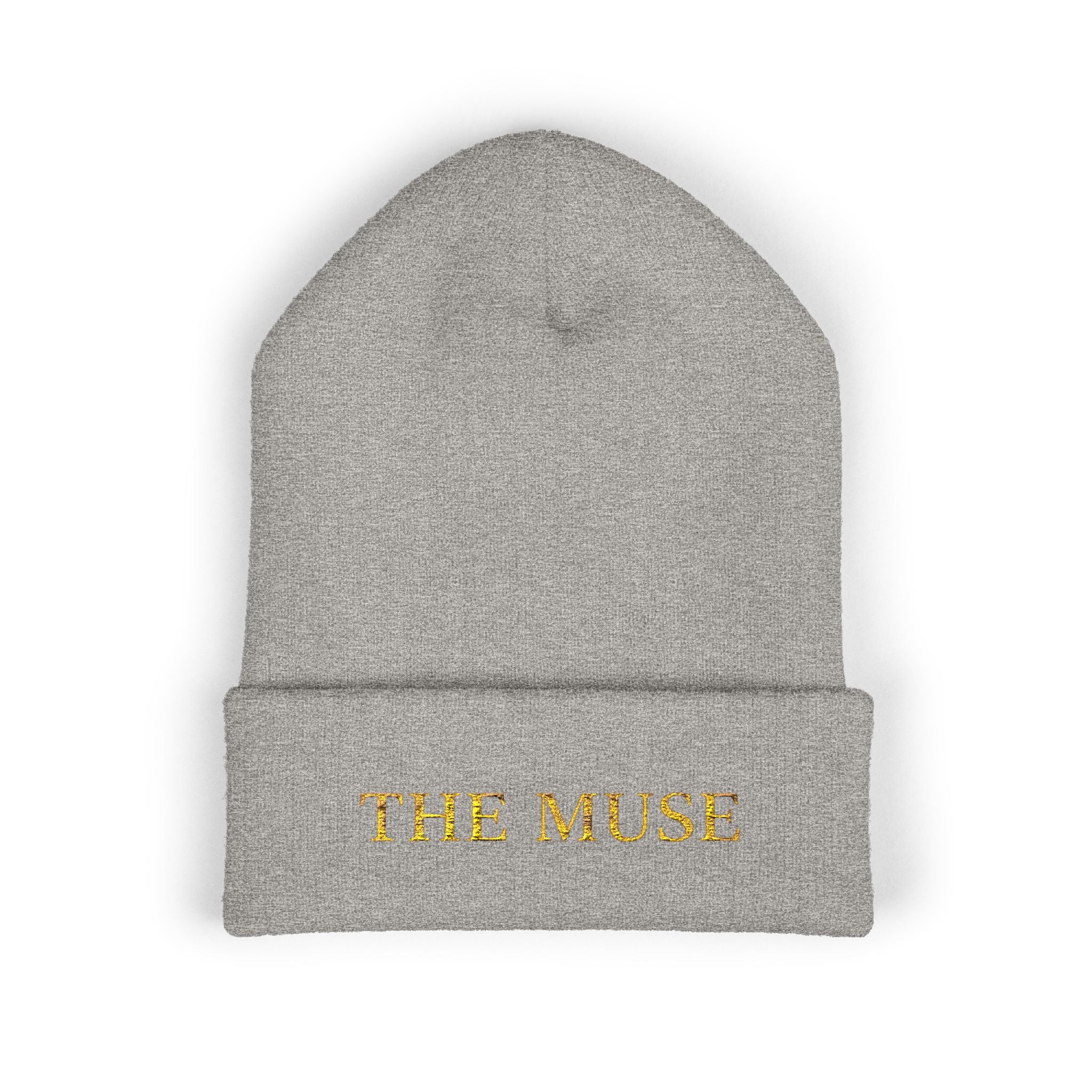 The Muse Embroidered Cuffed Beanie — Gold Script Knit Hat