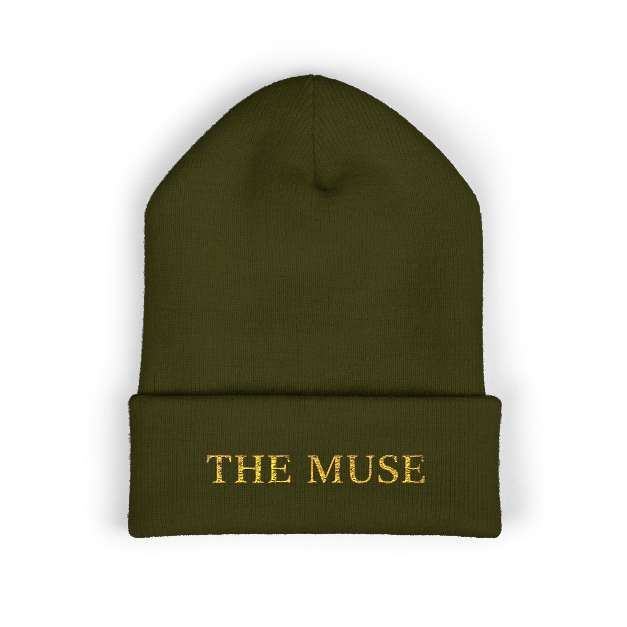 The Muse Embroidered Cuffed Beanie — Gold Script Knit Hat