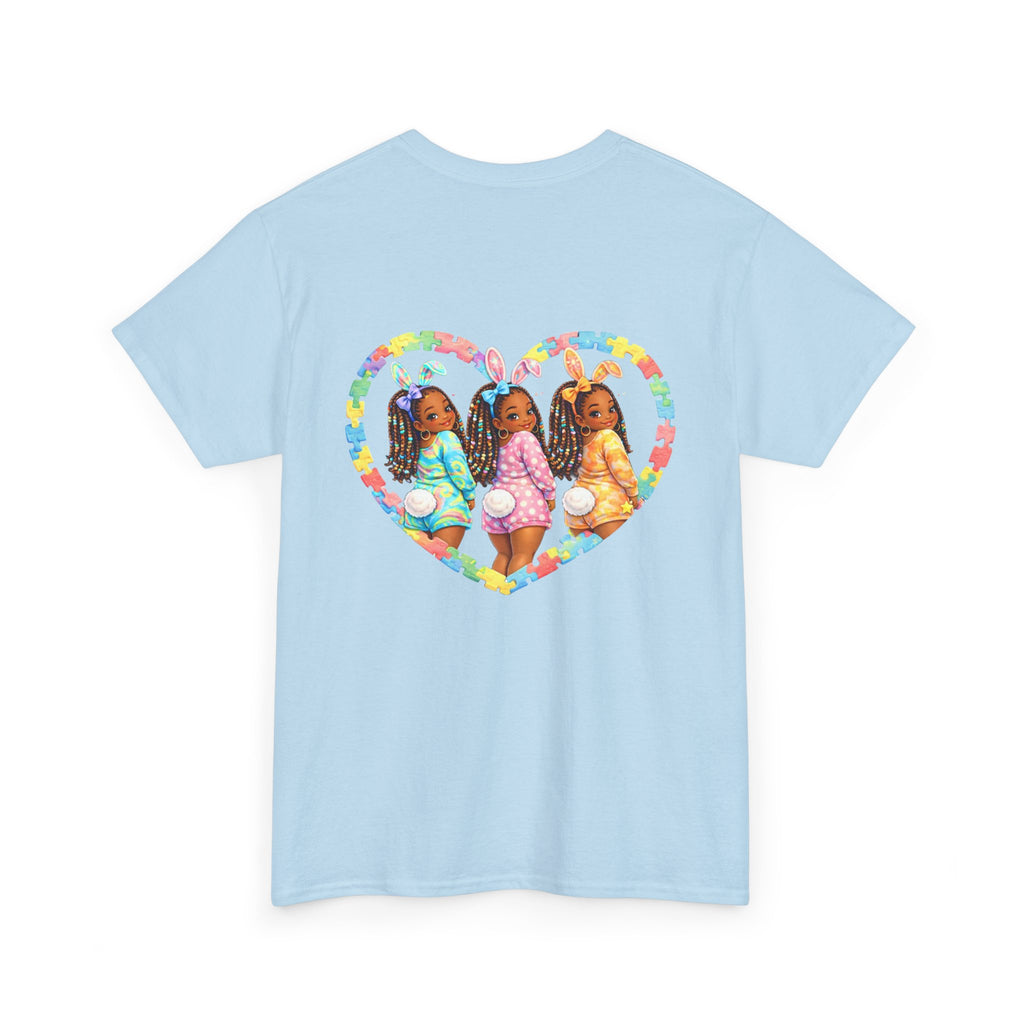 Easter Graphic Tee — "Happy Easter" Bunny Eggs & Heart Doll Print