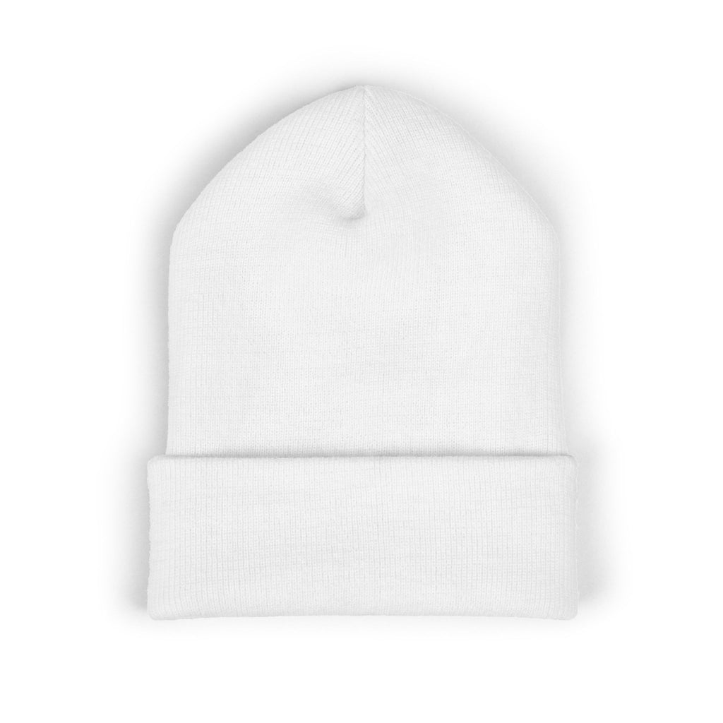 The Muse Embroidered Cuffed Beanie — Gold Script Knit Hat