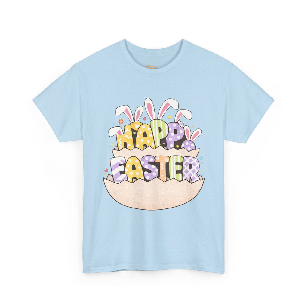 Easter Graphic Tee — "Happy Easter" Bunny Eggs & Heart Doll Print