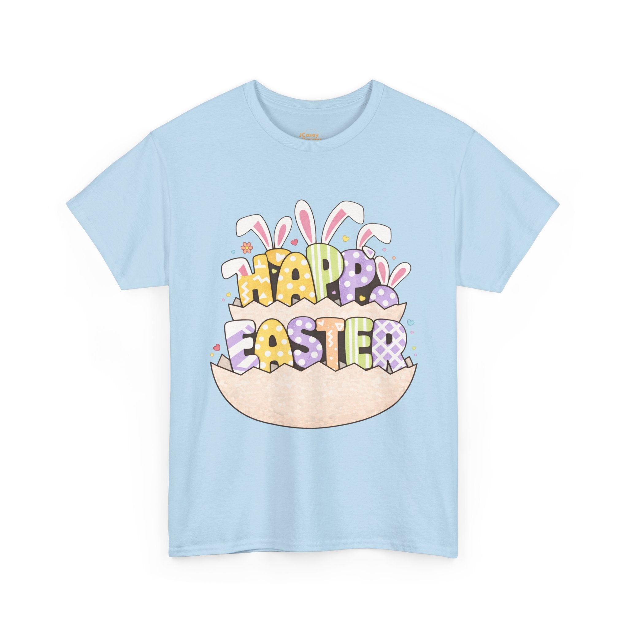 Easter Graphic Tee — "Happy Easter" Bunny Eggs & Heart Doll Print