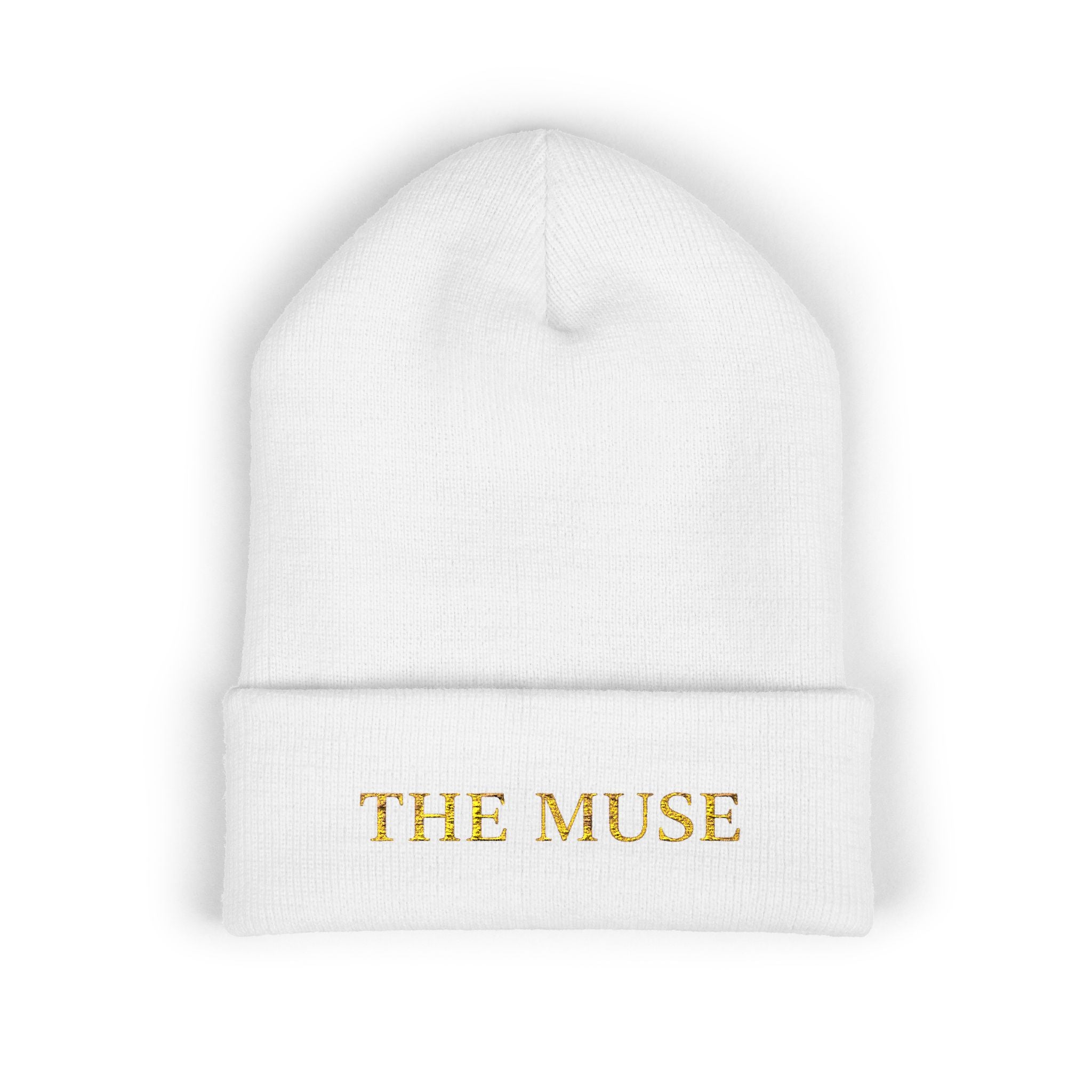 The Muse Embroidered Cuffed Beanie — Gold Script Knit Hat