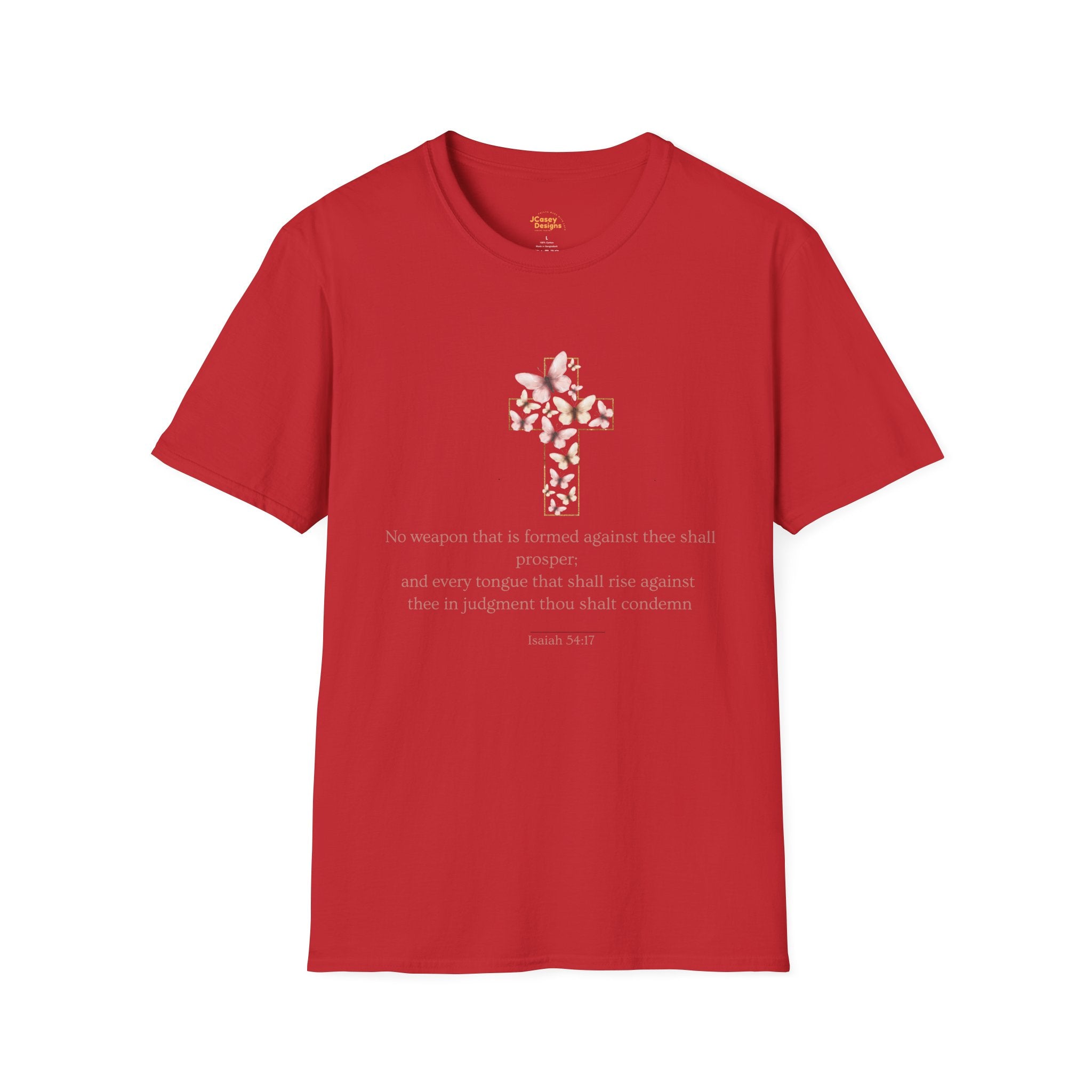Floral Cross Scripture T-Shirt — Isaiah 54:17 Christian Faith Tee