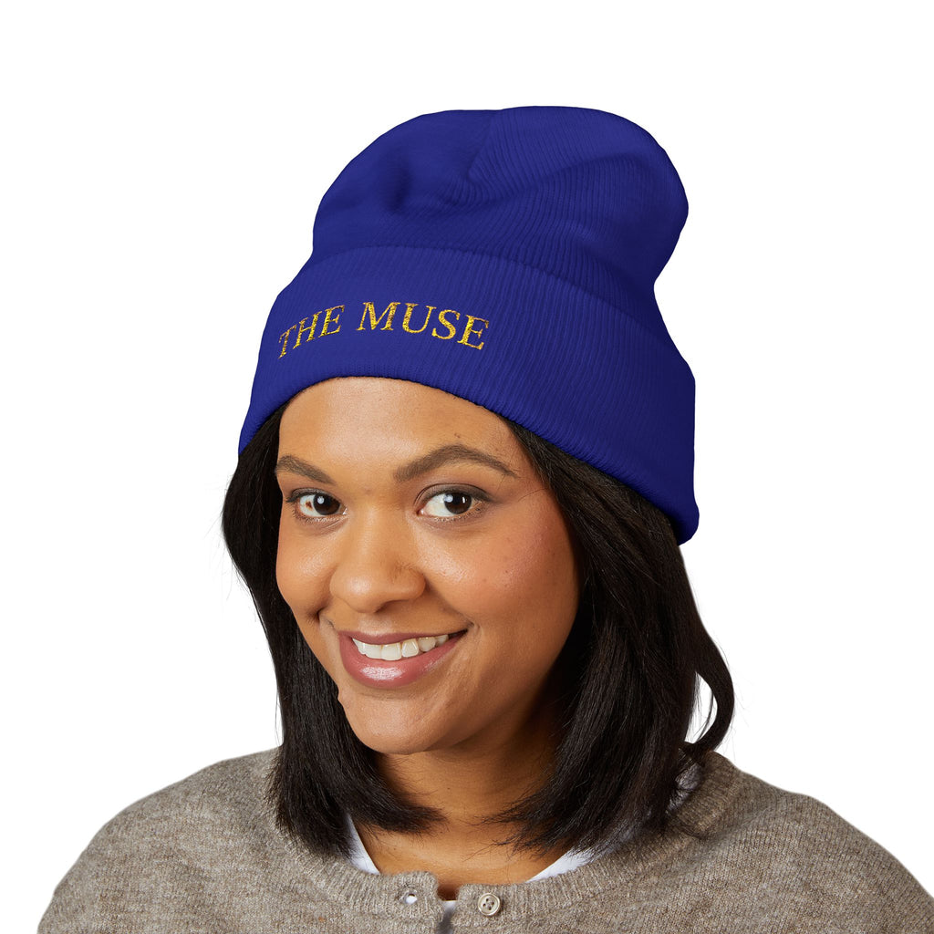 The Muse Embroidered Cuffed Beanie — Gold Script Knit Hat