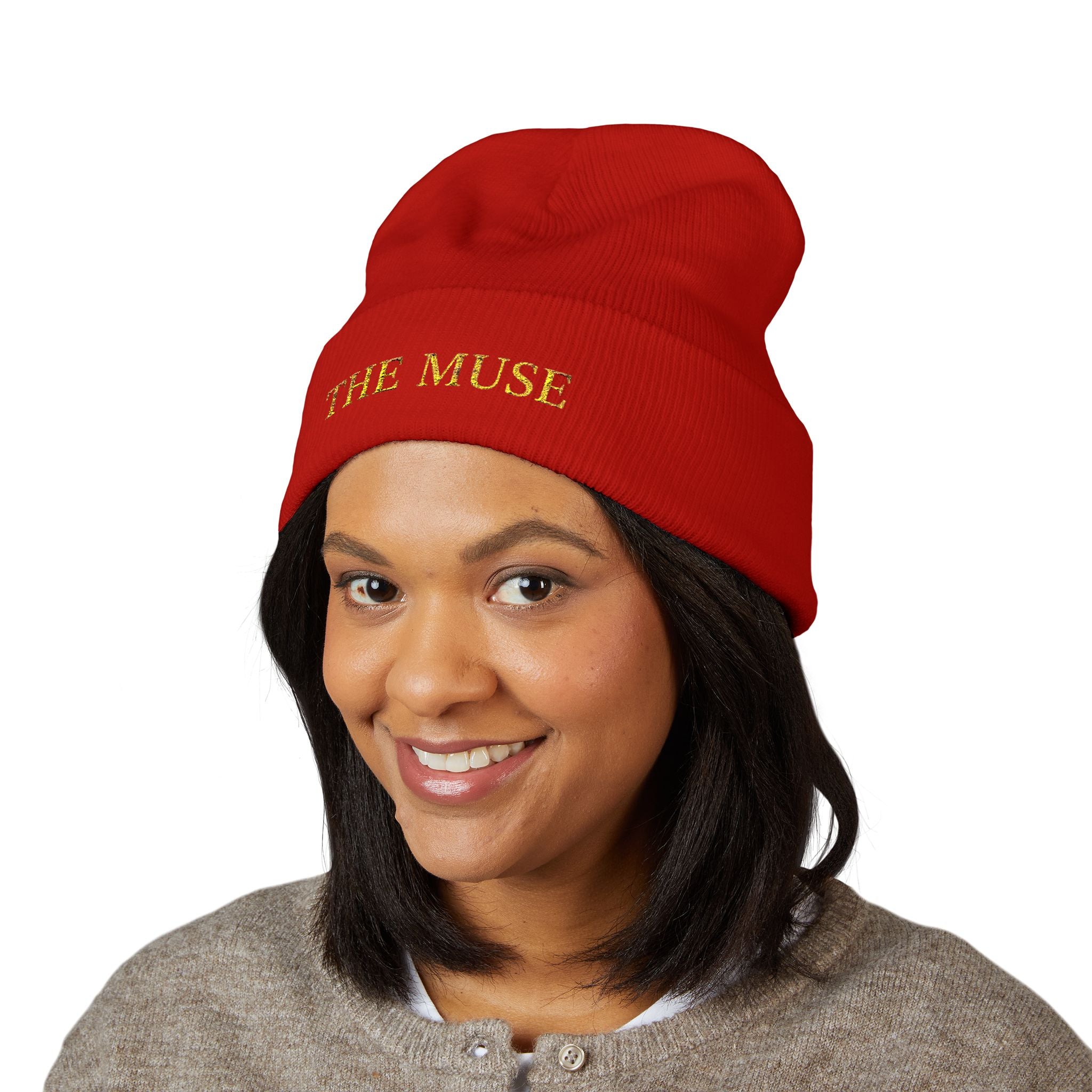 The Muse Embroidered Cuffed Beanie — Gold Script Knit Hat