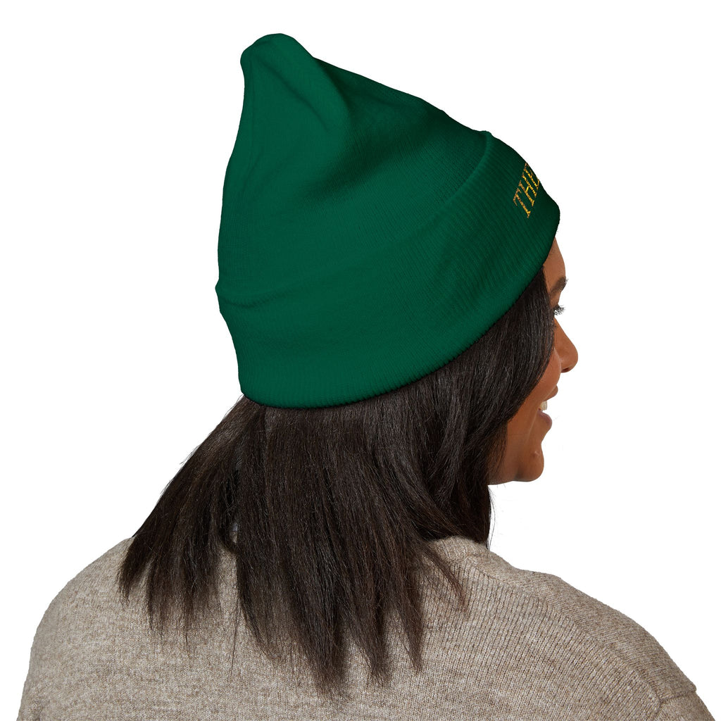 The Muse Embroidered Cuffed Beanie — Gold Script Knit Hat