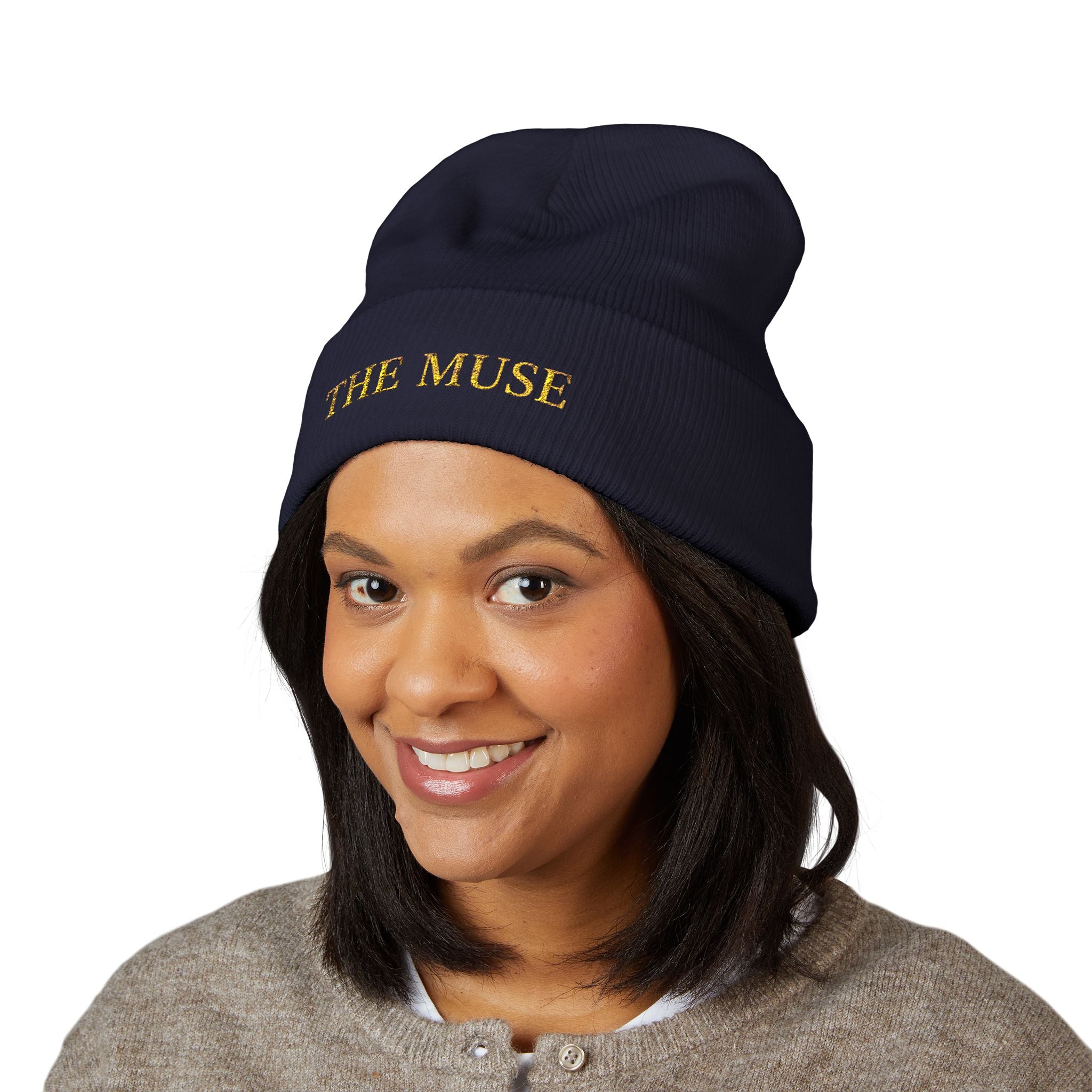 The Muse Embroidered Cuffed Beanie — Gold Script Knit Hat