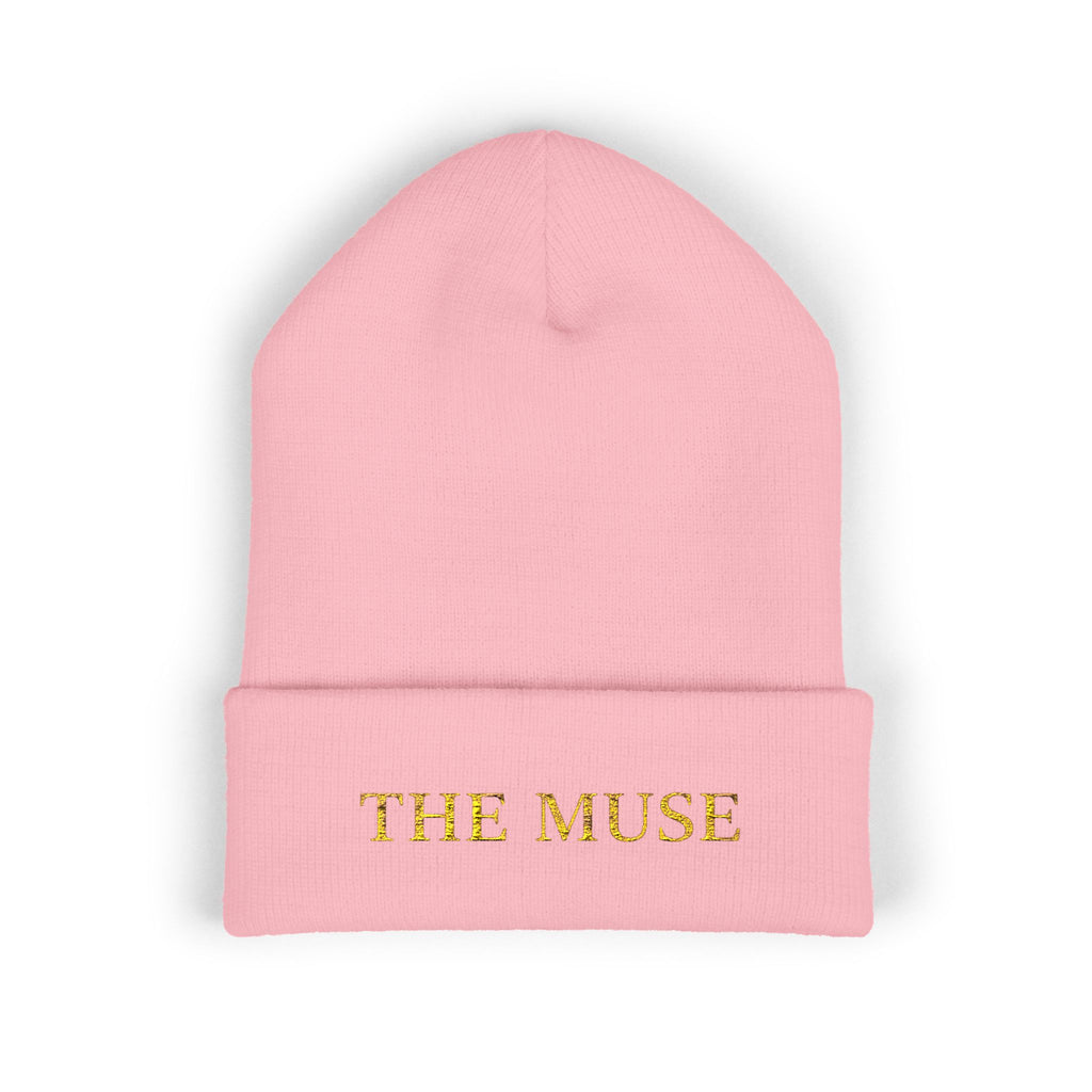 The Muse Embroidered Cuffed Beanie — Gold Script Knit Hat