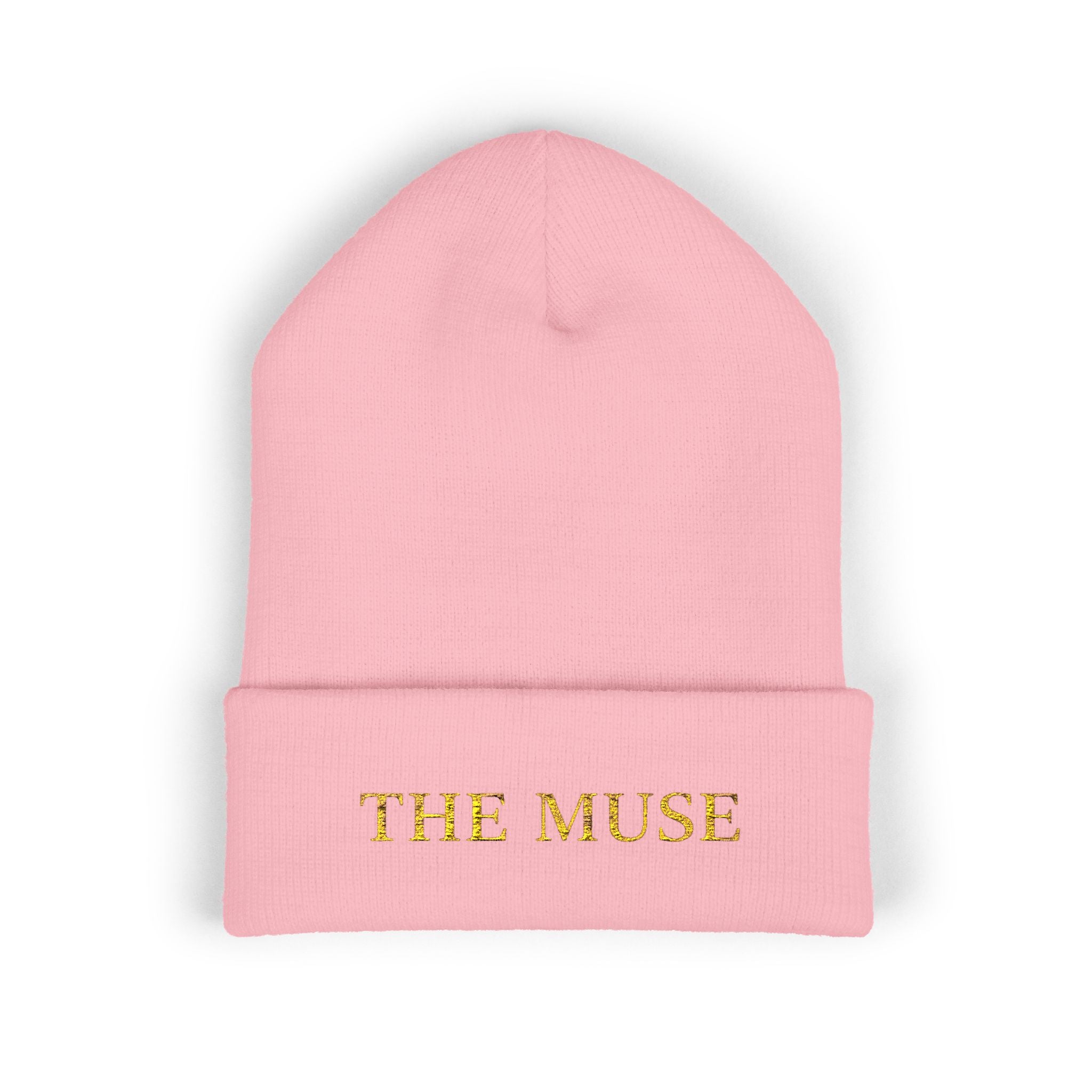 The Muse Embroidered Cuffed Beanie — Gold Script Knit Hat