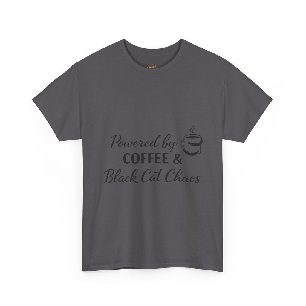 Coffee & Black Cat Tee — "Powered by Coffee & Black Cat Chaos" Graphic Shirt