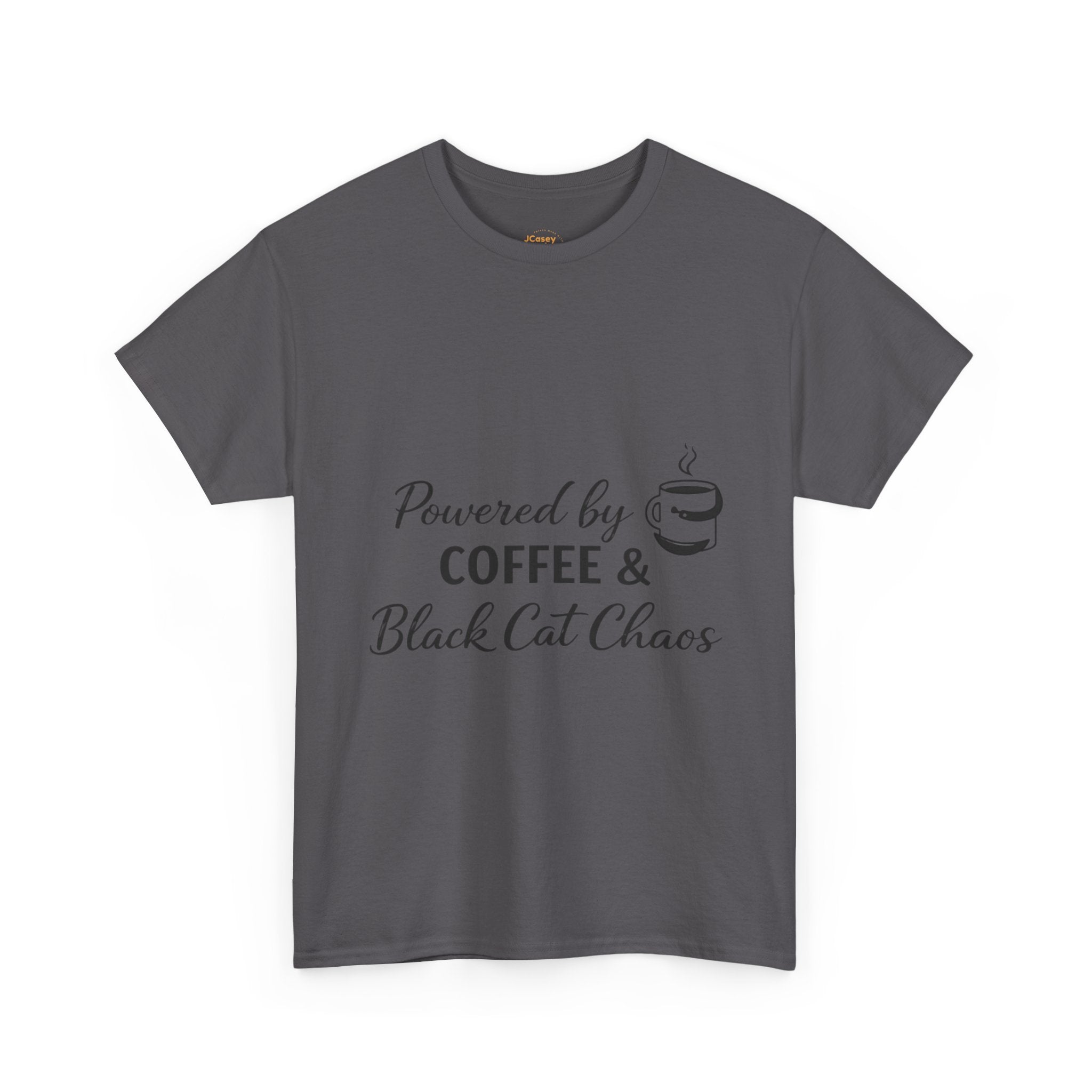 Coffee & Black Cat Tee — "Powered by Coffee & Black Cat Chaos" Graphic Shirt
